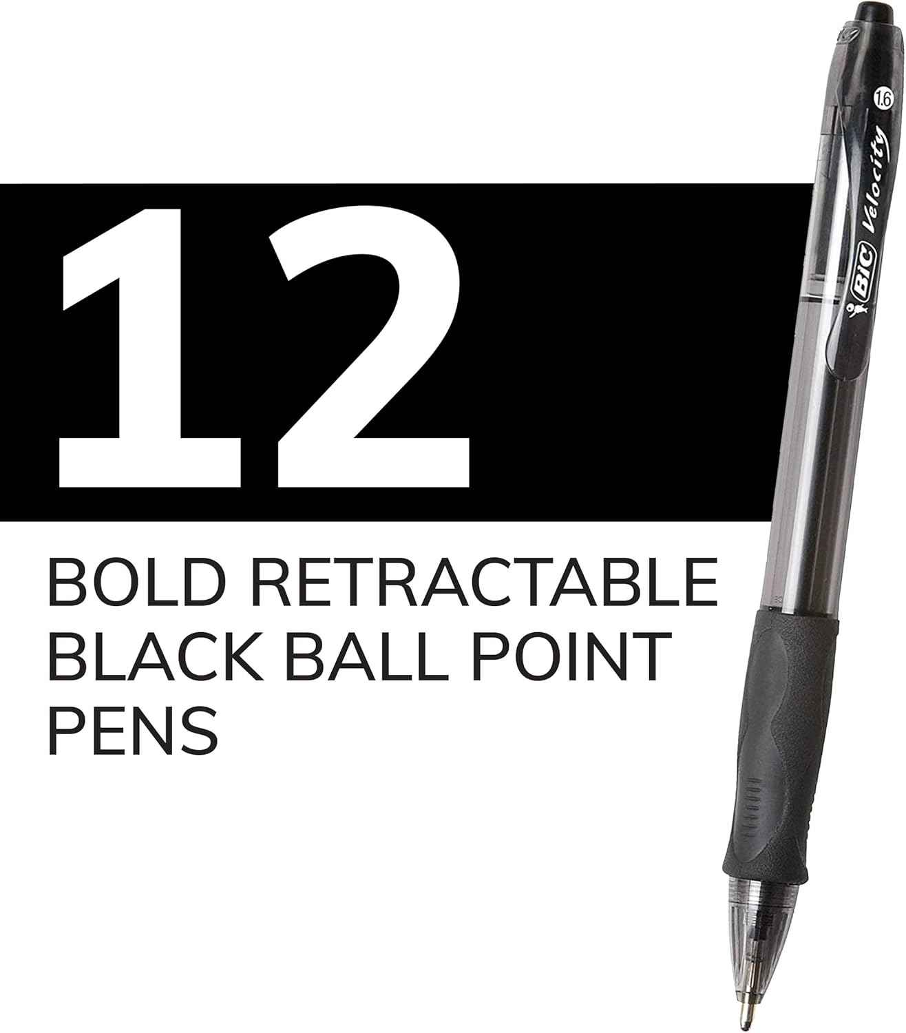 BIC Glide Bold Black Ballpoint Pens, Bold Point (1.6mm), 12-Count Pack, Retractable Ballpoint Pens With Comfortable Full Grip